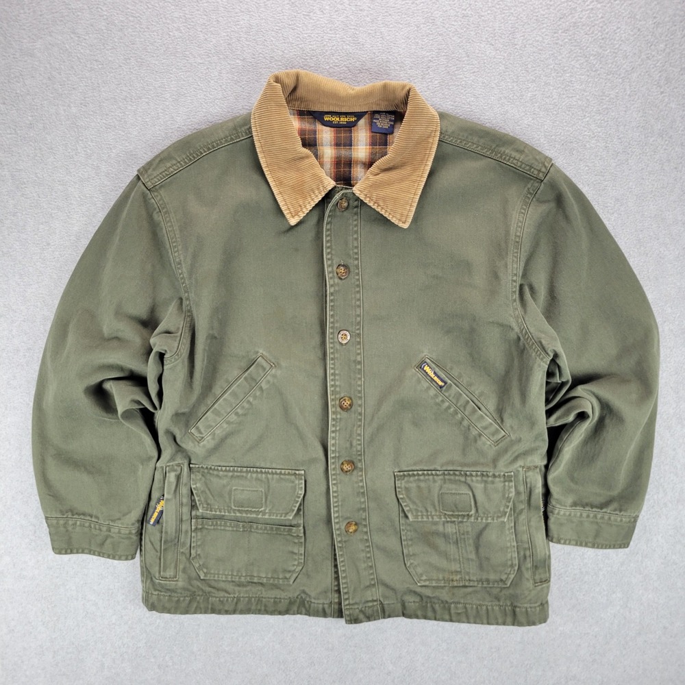 Woolrich Barn Jacket Kids Large Olive Green Plaid Lined Corduroy Collar Canvas